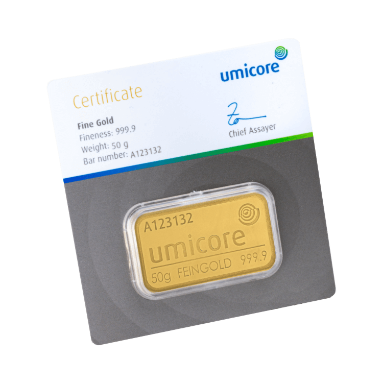 50g Umicore Lingot d'Or front