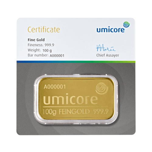 Thumbnail Umicore 100 gram gold bar with certificate