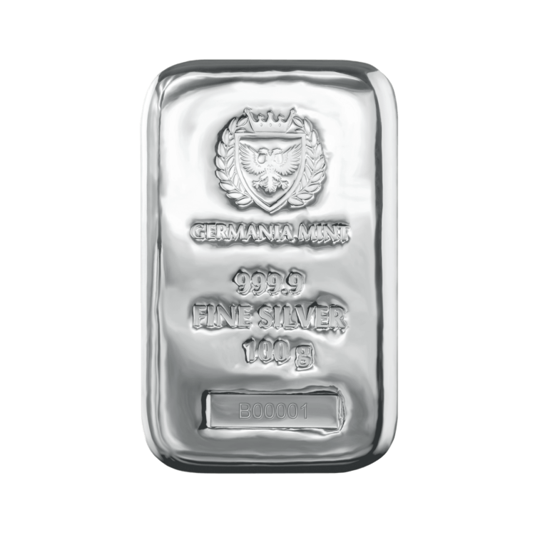 100g Germania Mint Silver Bar front