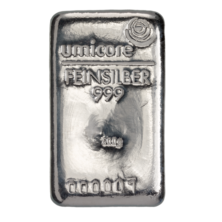 500g Umicore Silver Bar front