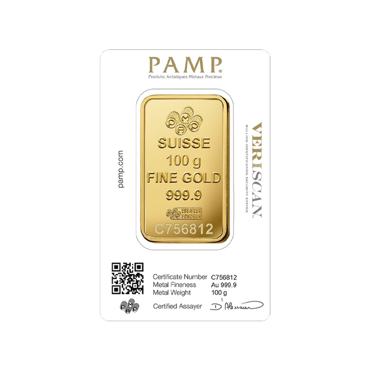 100g Pamp Suisse Goudbaar achterkant