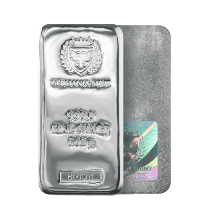 500g Germania Mint Silver Bar angle 1