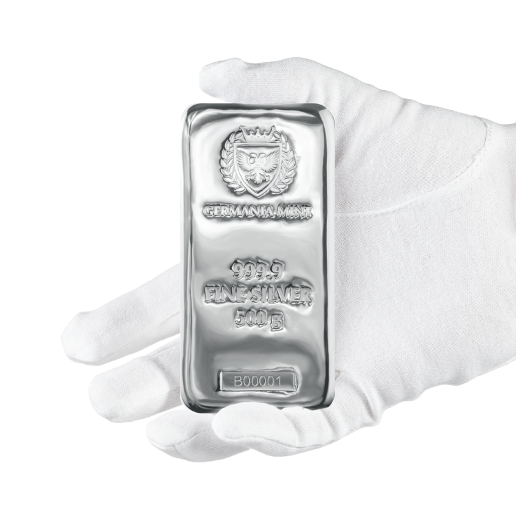 500g Germania Mint Silver Bar angle 4