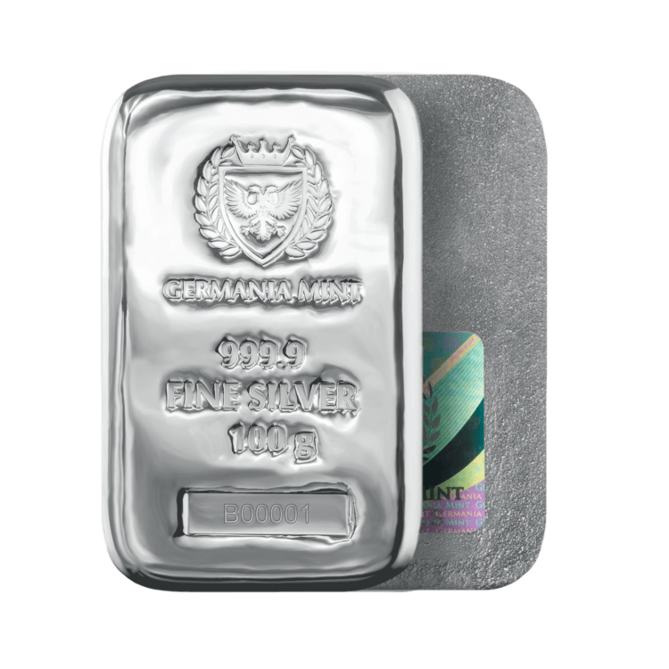 100g Germania Mint Silver Bar angle 1