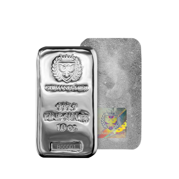 10 oz Germania Mint Silver Bar angle 1