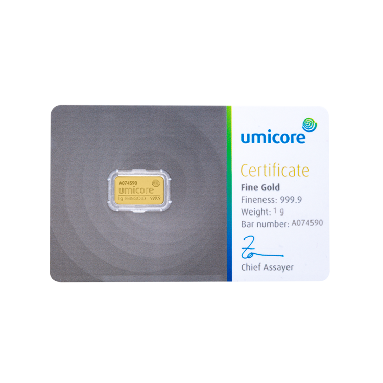 1g Umicore Goldbarren front