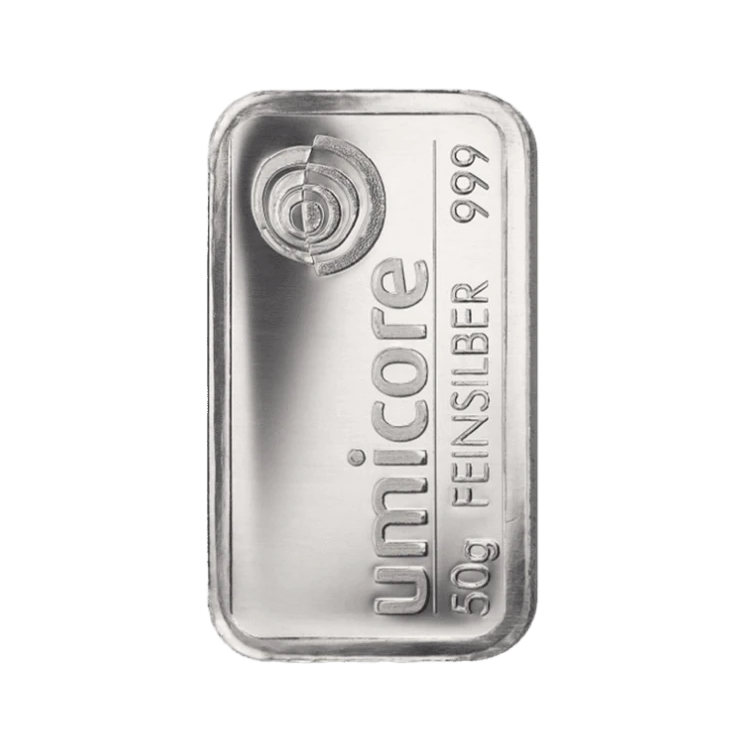 50g Umicore Silver Bar front