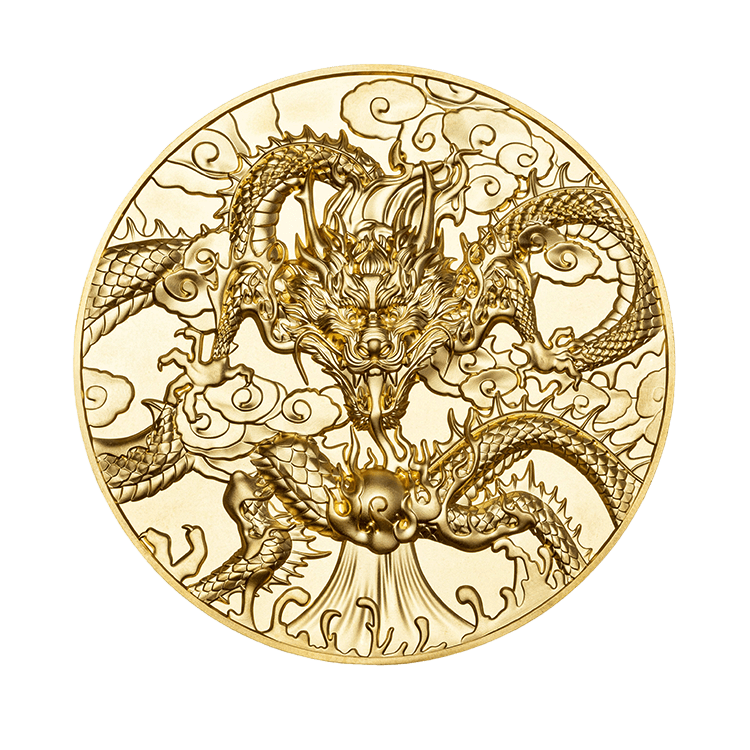 5 troy ounce silver dragon art coin 2024 gold plated front