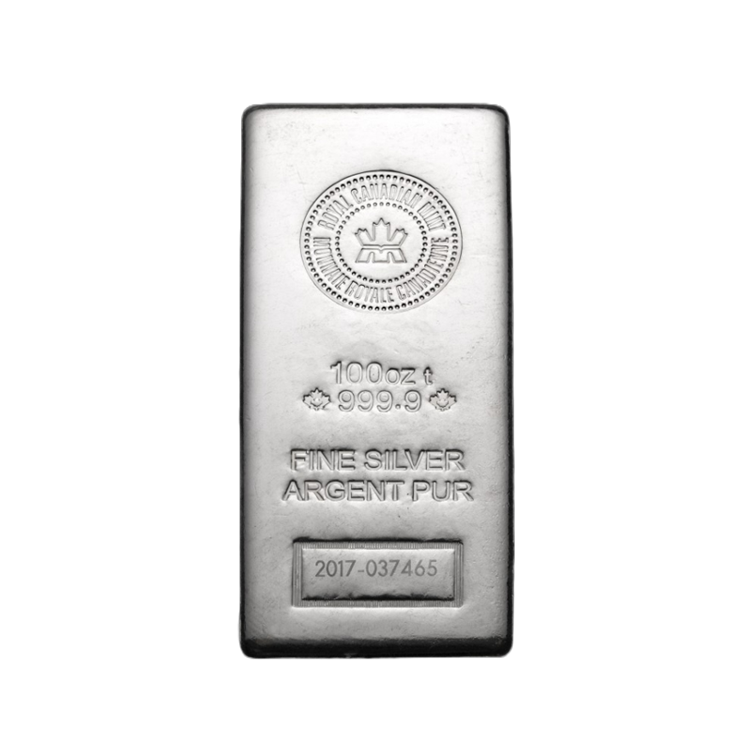 100 oz Royal Canadian Mint Silver Bar front