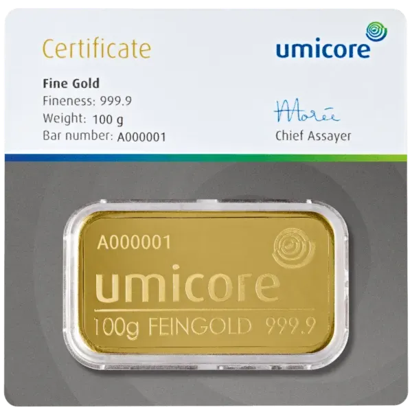 Umicore goudbaar van 100 gram